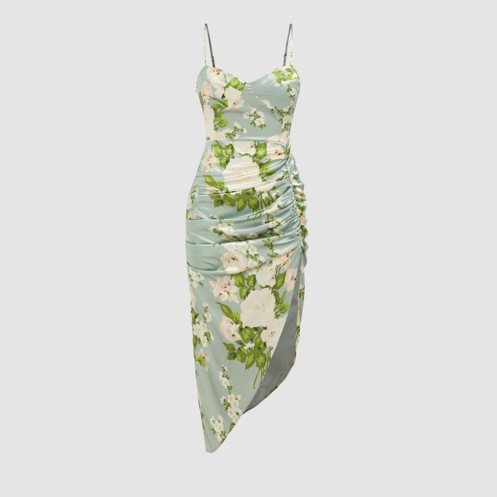 SATIN FLORAL RUCHED SPLIT MIDI DRESS